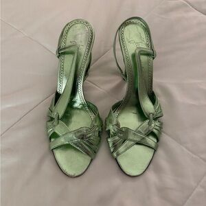 Authentic JEAN MICHEL CAZABAT Metallic Green Omayra Slingback Kitten Heels